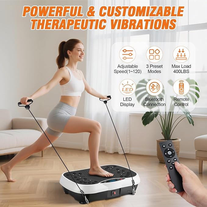 ALSO GO Vibration Plate Exercise Machine, 3 Workout Modes & 120-Level Vibration Platform for Weight Loss/Lymphatic Drainage, 400lbs Capacity Vibration Board with Resistance Bands for Full Body Workout