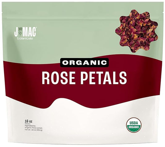 J MAC BOTANICALS Organic Rose Petals, (16 oz) Certified USDA Organic, edible, culinary grade dry rose petals, rose petals for herbal tea, cooking and crafts
