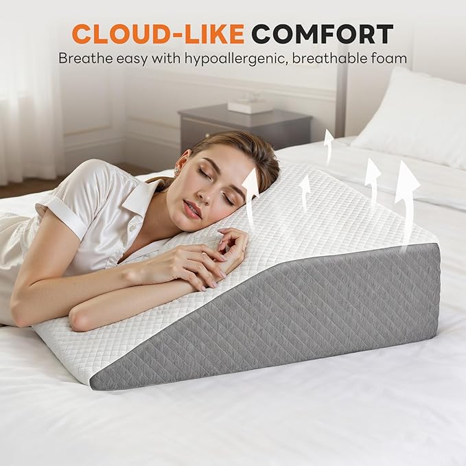 Sweetcrispy Wedge Pillow, Body Pillow for Sleep Apnea, Neck Pain Relief, Post Surgery, Sleeping Comfort, Acid Reflux, Heartburn, Back Pain Relief and Snoring, 7Inch, White& Grey
