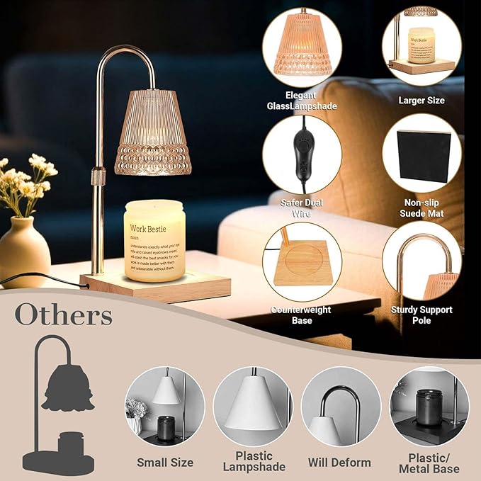 Candle Warmer Lamp Adjustable Height & Dimmable, Electric Candle Warmers for Jar Candles, Home Decor Lamp with Timer, Perfect Gifts for Women Men, Safe Night Light for Bedroom Office (Amber-wood B)