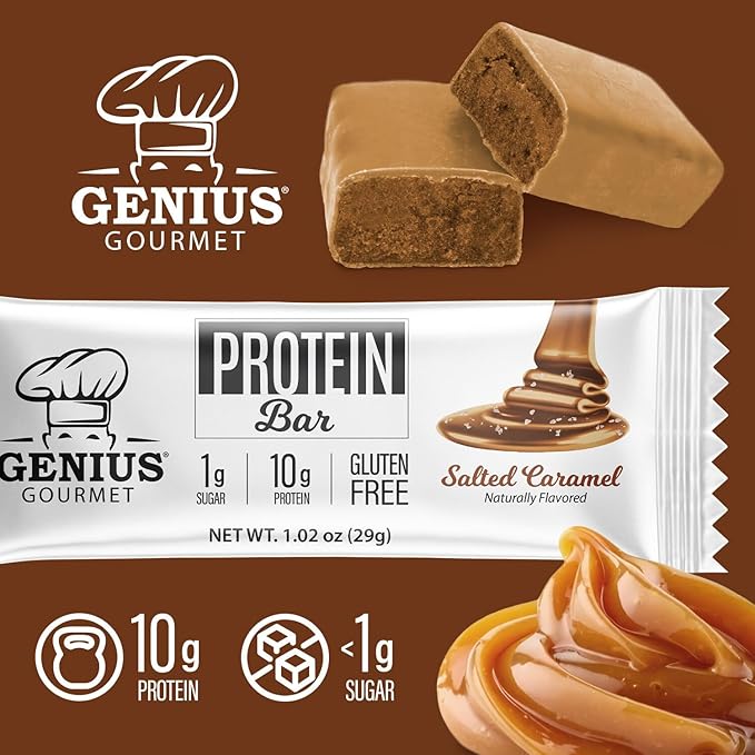Genius Gourmet Protein Bar, Salted Caramel Keto Snack, Low Carb, Low Sugar & Gluten Free, Protein Snacks for Adults, 10G of Whey Protein per Protein Bar, 5 Net Carbs, 10 Count