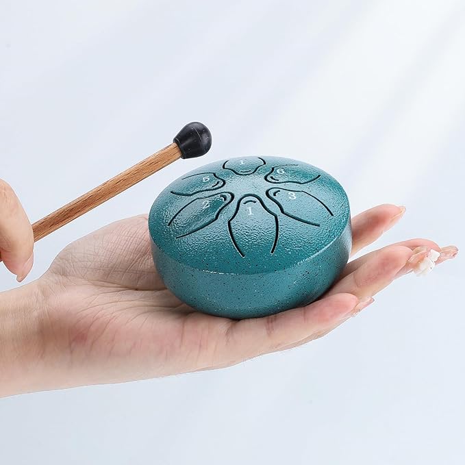 Facmogu Steel Tongue Drum Rain Chime, 3 Inch 6 Note Rain Drum for Outside, Chakra Drum for Outside Garden, Mini Hand Drum with Bag, Meditation Yoga Zen Gift for Beginner Adult - Green(Bowling Pattern)