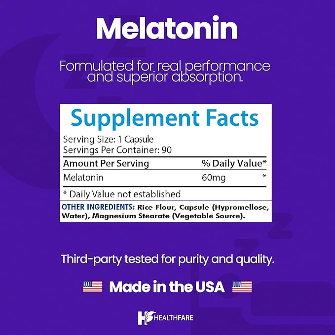 Melatonin 60mg | 90 Veg Capsules | High-Strength Formula | Vegetarian, Non-GMO, Gluten-Free | Made in The USA