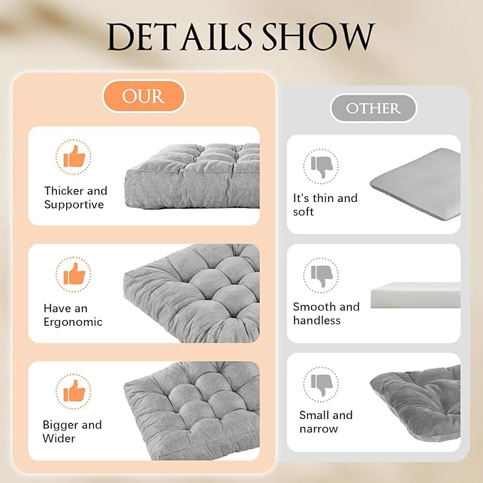 Meditation Floor Cushions Set of 2, Thickened Floor Pillow for Adults, Large Square Pillows Seat Cushion for Tatami Living Room Yoga, Memory Sponge Block Added, 22x22 Inch, Grey