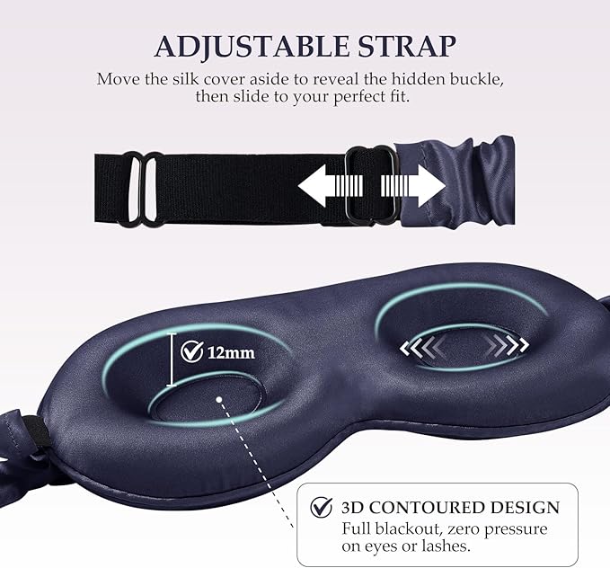 100% Pure Mulberry Silk Sleep Mask, 3D Contoured Cup Eye Mask for Sleeping, 22 Momme Super Soft Breathable Blindfold, Adjustable Blackout Travel Silk Eye Cover Blue