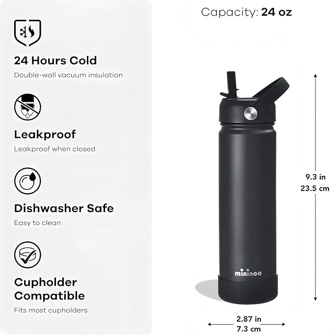 Insulated Stainless Steel Water Bottle with Straw, Ceramic-Lined, BPA-Free & Leak-Proof, 24 oz, Black