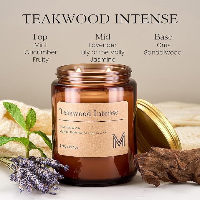 M&SENSE Teakwood Intense Home Scented Candle | 19.4oz, 116-Hour Burn | Natural Organic Soy Wax | Long-Lasting for Stress Relief and Gifting | for Bedroom,Relaxing SPA,Office