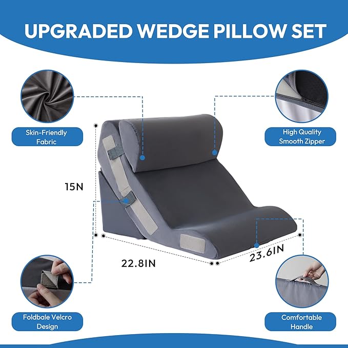3PCS Orthopedic Bed Wedge Pillow Set for Sleeping, Sitting up in Bed, 6-in-1 Foam Wedge Pillow for Acid Reflux & Back Pain Relief, Post Surgery Pillows for GERD & Snoring, Plush Grey