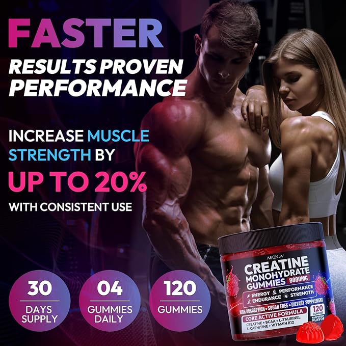 Creatine Gummies Monohydrate Complex 9000MG, Pre-Workout for Men & Women, Creatine Gummy with L-Taurine, BCAA 2:1, B12/6 for Muscle Support, Enhance Strength, Energy Boost-120 Count