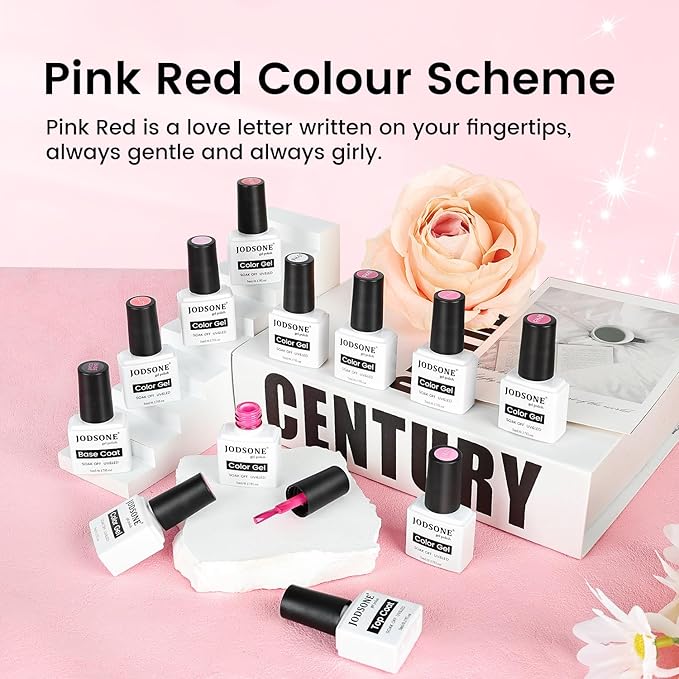 JODSONE 12 PCS Gel Nail Polish Base Coat and Top Coat Red Pink High Gloss Fashion Women Gifts