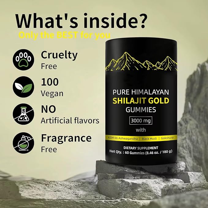 8-in-1 Herbal Supplement with Himalayan Shilajit, Ashwagandha, Rhodiola Rosea, Ginseng, 15250mg | Natural Dietary Supplement (60 Gummies, Shilajit Gummies)