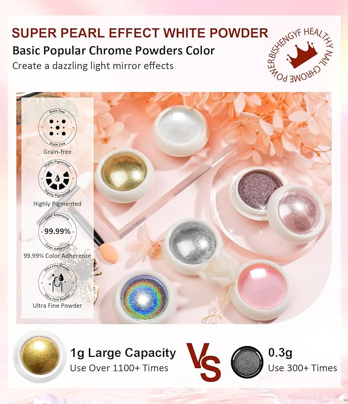 Chrome Nail Powder Kit 6 PCS - Gold Chrome Nail Powder with Pearl Chrome & Effect,Metallic Mirror Holographic Nail Powder for Gel Nails DIY Home Salon Manicure White Silver Pink Blue