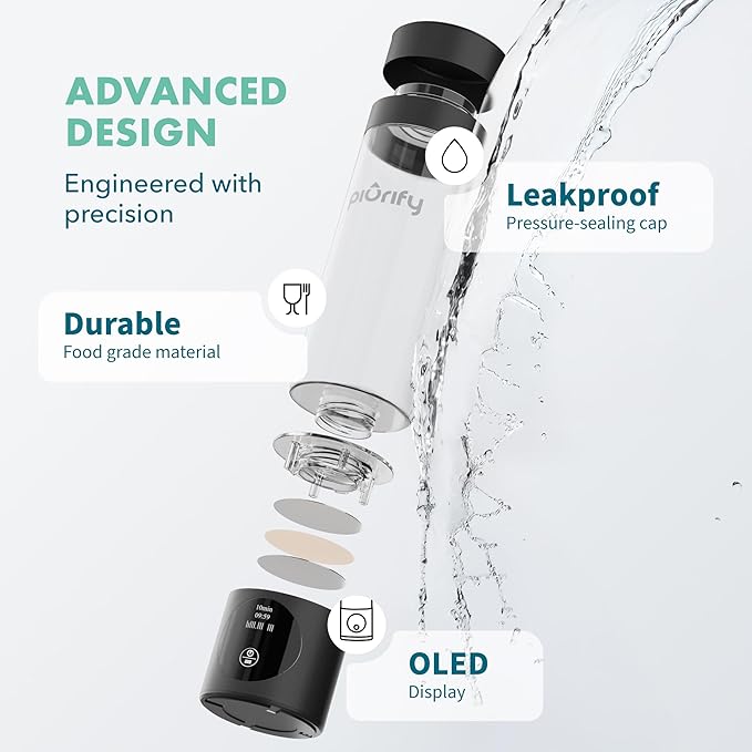 Hydrogen Water Bottle Generator - Up to 4100+ PPB Concentration - SPE/PEM Technology - Certified H2 Generator - Portable Athletic Performance & Hydration System - 6-Hour Hydrogen Retention