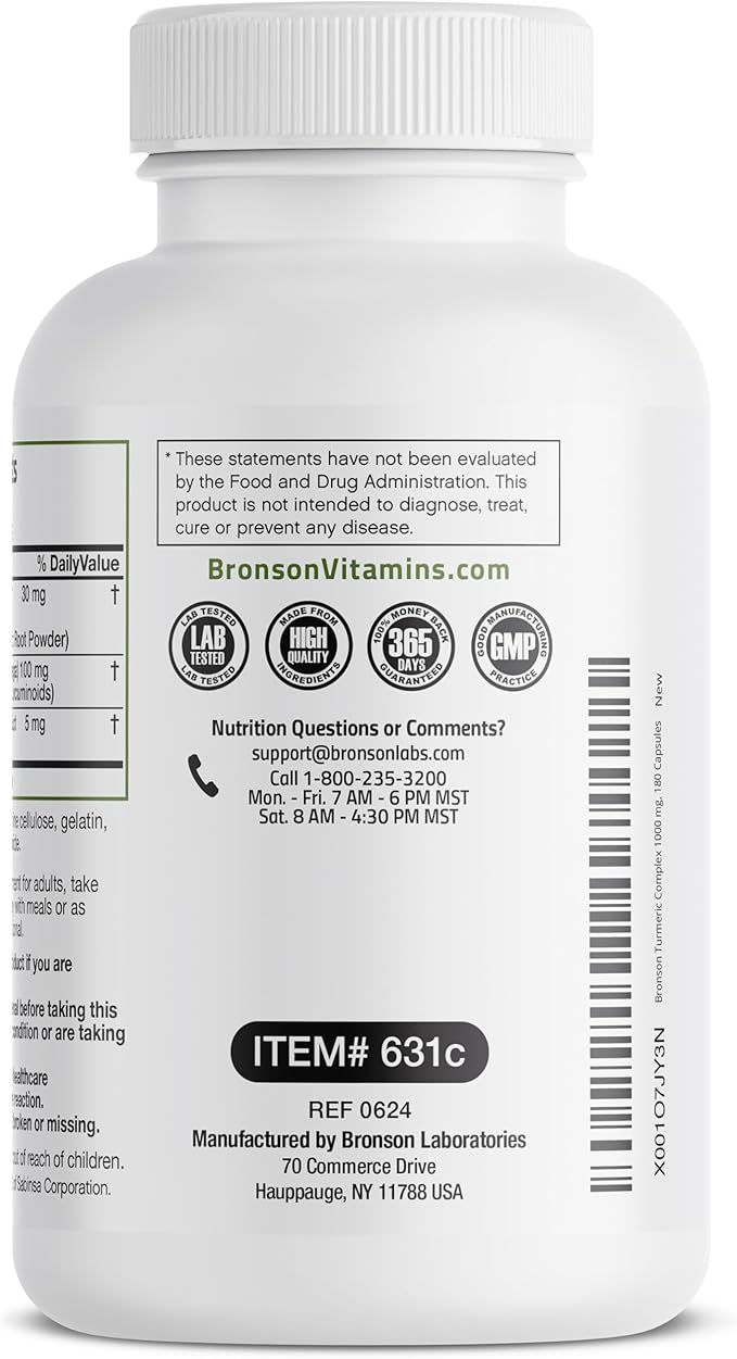 Bronson Turmeric Curcumin with BioPerine - High Potency Premium Joint Support with 95% Standardized Curcuminoids - Non-GMO Capsules with Black Pepper - 180 Count