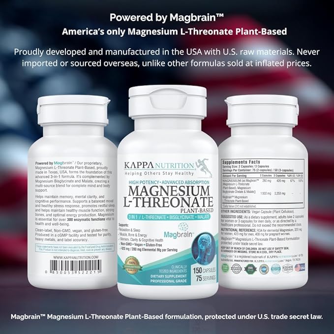Kappa Nutrition Powered by Magbrain™ Magnesium L-Threonate Plant-Based, 420mg Elemental Magnesium (3 Capsules) from 2,253mg, 150 Vegan Capsules, Brain, Sleep & Muscle Support.