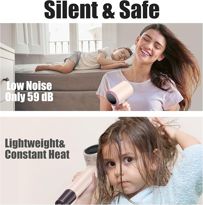 (OUTLET)slopehill 160,000 RPM Professional Hair Dryer - 0.8lb Ultra-Lightweight, 6 Billion Ion Technology for 98% Frizz Reduction, AI Smart-Temp Control, Magnetic Attachments for All Hair Types (Pink)