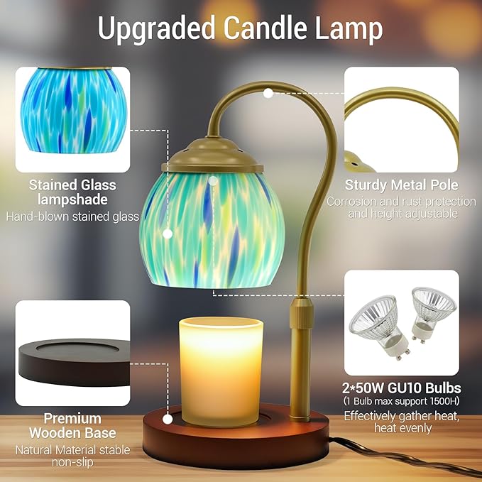 Stained Glass Candle Warmer Lamp with Timer Dimmer, Height Adjustable Candle Warmer with 2 Bulbs, Wax Melt Warmer for Scented Jar Candle, Valentine's for Women,Mom,Her