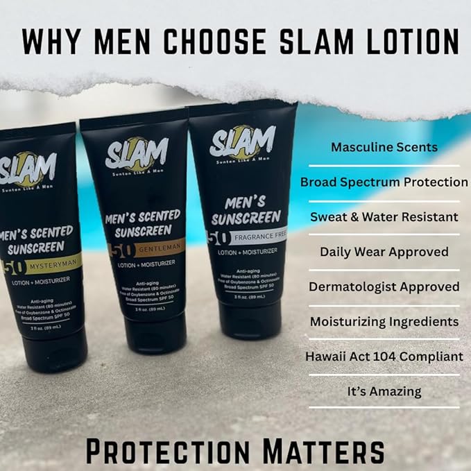 SLAM MysteryMan Men's Sunscreen Lotion SPF 50 & Moisturizer – Face & Body Sunblock, Anti-Aging, Water-Resistant, Hawaii Act 104 Safe, Daily Sport Skincare for Men, Scented – 3 fl oz. Double pack.