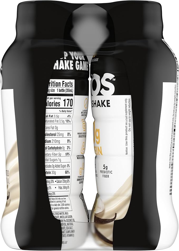 Oikos Protein Shake, Vanilla, 30g High Protein Drinks, Shelf Stable, Ready to Drink, 5g Prebiotic Fiber, 12 fl oz Bottle, 4 Count