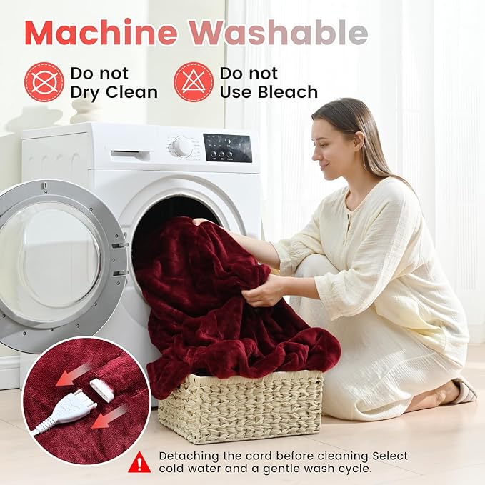 Sunable Heated Electric Blanket - Machine Washable Blanket with Time Settings 10 Heat Settings Queen Size 84×90 inches Burgundy -Velvet