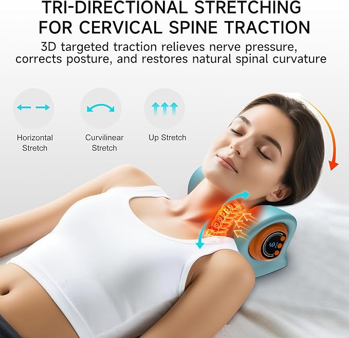 snawowo 3-in-1 Cervical Neck Massager with Heat - Acupoint Shoulder Relaxer Traction Stretcher for Pain Relief, 3 Human-Like Kneading, Heat & Vibration Levels, 360ยฐ Remote, 30ยฐ Design, 15Min Auto Off