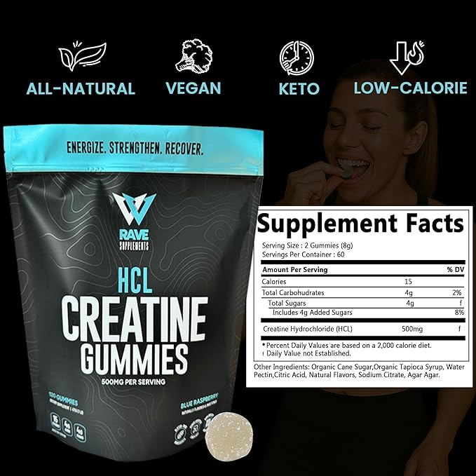 Rave Supplements Creatine HCl Gummies โ 500mg Per Serving โ All Natural, Organic Ingredients, Blue Raspberry Flavor โ Made in USA