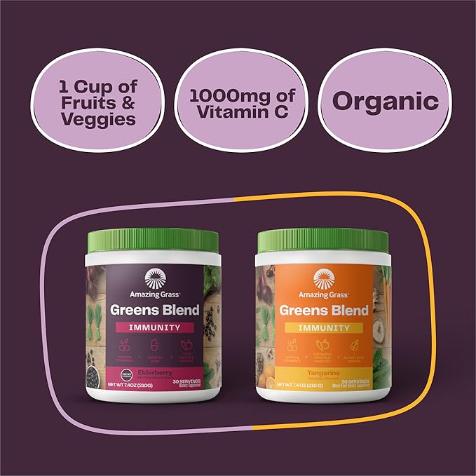 Amazing Grass Greens Blend Superfood for Immune Support: Super Greens Powder Smoothie Mix with Organic Spirulina, Chlorella, Beet Root Powder, Digestive Enzymes & Probiotics, Elderberry, 30 Servings