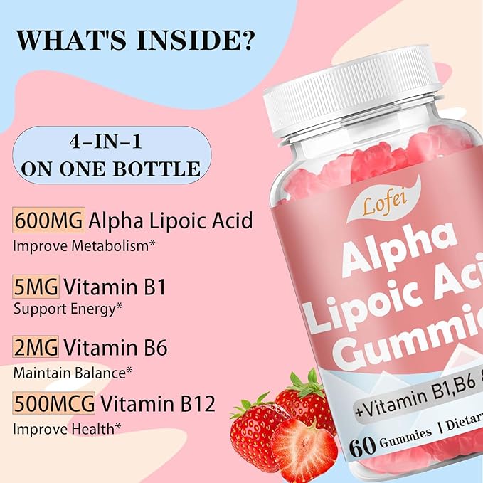 Alpha Lipoic Acid Gummies 600mg with Vitamin B1,B6 & B12,Sugar Free,ALA Supplement for Energy* & Vi*tality,High Absorption,Non-GMO, Vegan, Gluten-Free,Raspberry Flavor,60 Gummies