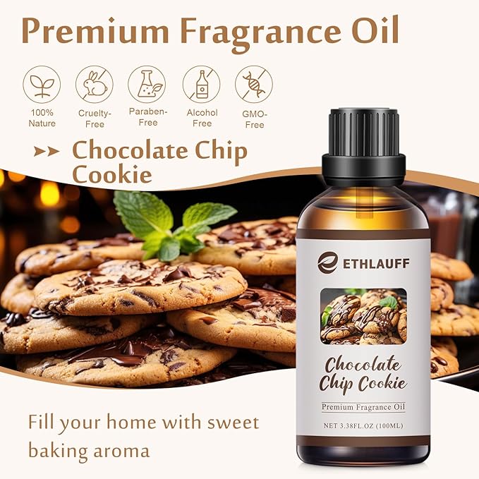 Chocolate Chip Cookie Fragrance Oil, 100ml Bakery Essential Oil for Diffusers for Home,Candle Scented Oils for Soap Making, Bath Bombs, Massage -3.38FL.OZ