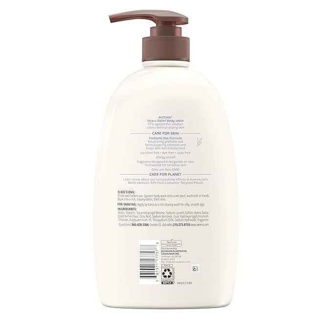Aveeno Stress Relief Body Wash with Nourishing Oat & Lavender Scent for Sensitive Skin, Gently Cleanses & Helps You Feel Calm & Relaxed in the Shower, Soap-Free, 33 fl. oz
