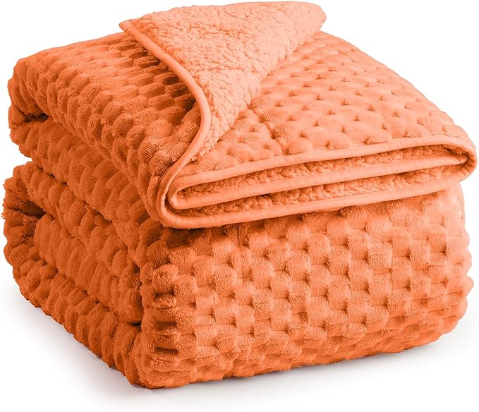Super Fuzzy Soft Luxury Fleece Sherpa Weighted Blanket 15 lbs for Adults, Turtle Shell Cozy Queen Size Weighted Throw, Ceramic Beads Washable Heavy Blankets for Couch Bed, Orange, 60" x 80"