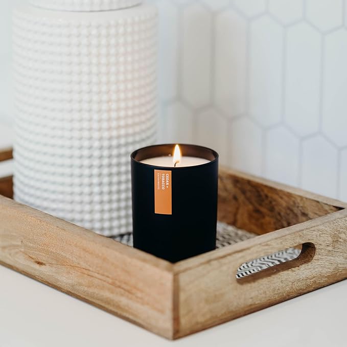 Calyan Wax Co. Soy Wax Candle, Cedar + Tobacco Scented Candle, 75 Hour Burn Time, Aromatherapy Soy Candles, Non Toxic & Vegan Soy Wax, Black Tumbler Scented Candles, 13oz