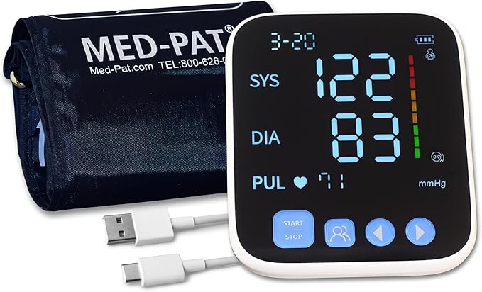 Med-Pat BP-S Arm Blood Pressure Monitor - 4.7" HD LCD Screen - 2 Users x 300 Memories Plus Guest Mode - Irregular Heartbeat Detection - Hold Still Indicator - FSA/HSA Approved - Portable Square Design