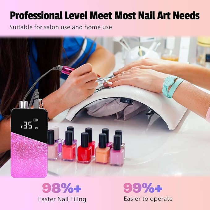 Electric Nail Drill Machine 35000RPM Professional Portable Nail File Cordless Rechargeable Nail Efile for Acrylic Gel Nails Manicure Pedicure Polishing Shape Tools for Salon Home Use (Snowflake Pink)