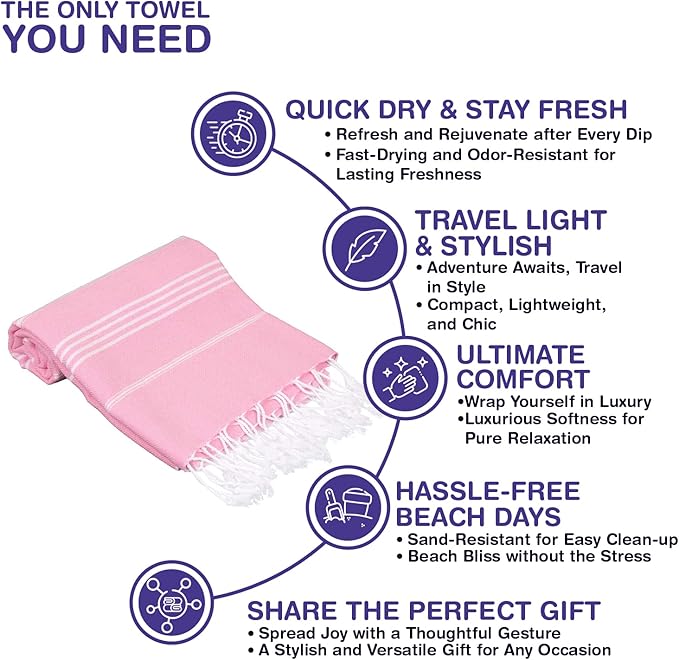 Turkish Beach Towels, Bulk Case of 24 | Oversized, Quick Dry, Sand Free | 100% Cotton, Large 38x71 Towels for Beach, Pool, Travel | Ultra-Soft, Compact, Absorbent | Pink