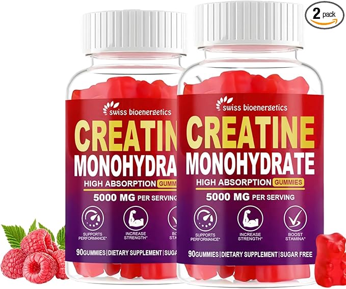 Creatine Monohydrate Gummies Infused with 5g Creatine for Men and Women, Chewable Creatine Monohydrate for Muscle Strength, Muscle Builder, Energy Boost, Pre-Workout Supplement-Raspberry 180 Count