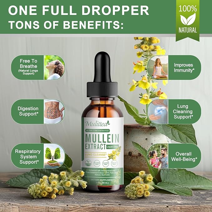 2 Pack Mullein Drops for Lungs - Lung Cleanse & Detox- Vegan Mullein Leaf Extract for Lung Immune,Respiratory Digestive -9 Potent Herbal Supplement to Renew -As Liquid, Tincture- 2Fl Oz (Pack of 2)
