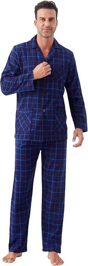 GLOBAL Men's Pajamas Sets 100% Cotton Flannel Sleepwear Long-Sleeve top & Bottom