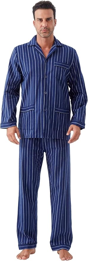 GLOBAL Men's Pajamas Sets 100% Cotton Flannel Sleepwear Long-Sleeve top & Bottom