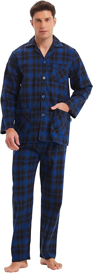 GLOBAL Men's Pajamas Sets 100% Cotton Flannel Sleepwear Long-Sleeve top & Bottom