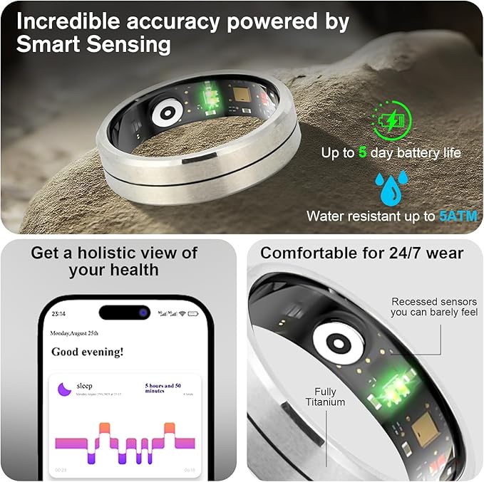 KppeX Smart Health Ring X1 Kit-Sleep Tracking Wearable - Heart Rate - Fitness Tracker - Up to 5 Days of Battery Life-IP68 Waterproof-No Subscription Fee for iOS and Android-10# Steel Color
