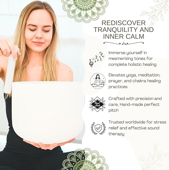 7-11inch 432hz Quartz Crystal Singing Bowls Set of 3 White, for Healing Mindfulness Meditation Yoga Sound Baths with Case Mallet Suede Striker