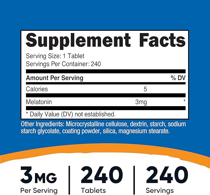 Nutricost Melatonin 3mg, 240 Tablets - 3mg Per Serving, Non-GMO, Gluten Free