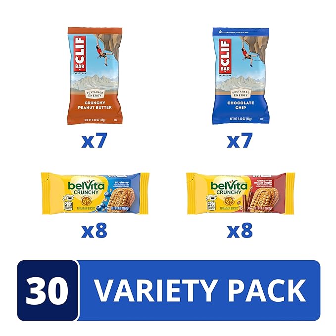 CLIF BAR Energy Bars and belVita Breakfast Biscuits Variety Pack, 4 Flavors, 30 Count