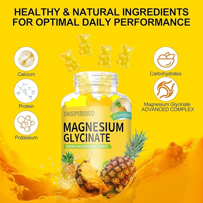 Magnesium Glycinate Gummies 1000mg - Sugar-Free Magnesium Potassium Supplement with Vitamin D, B6, CoQ10 for Adults & Kids,High Absorption for Calm Mood & Sleep Support - 60 Pineapple Gummies