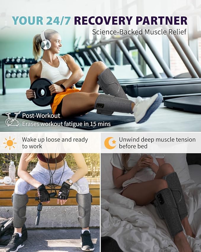 Wireless Leg Massager - Air Compression Cordless Calf Massager with Heat for Circulation, Pain Relief, and Recovery, 4 Modes & 3 Intensities, Portable and Adjustable (Gray, Set of 2)
