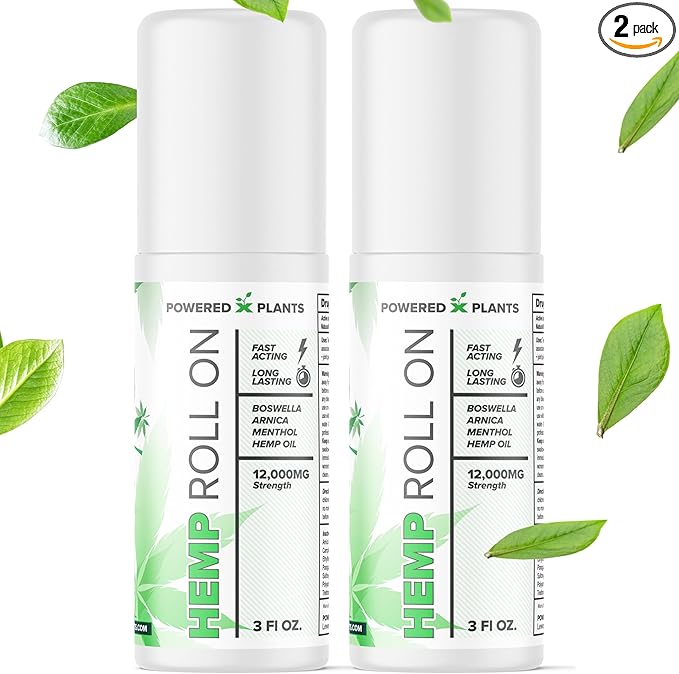 Hemp Oil Roll On - Menthol Rub with Boswellia & Arnica - 12,000mg Extra Strength Oil for Muscle Discomfort by Powered X Plants - Pack of 2, 3 fl.oz.