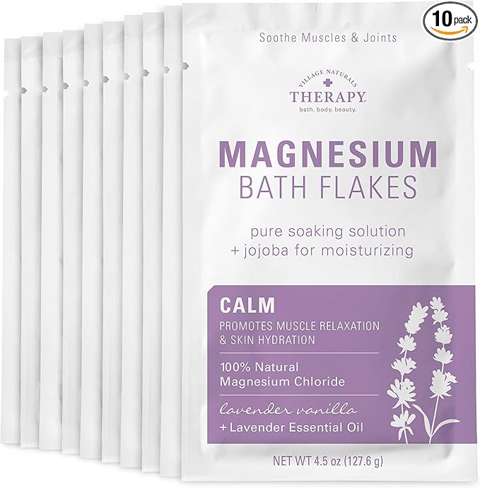 Village Naturals Therapy Calm Magnesium Bath Flakes, Lavender Vanilla Scent, 4.5 oz, Pack of 10