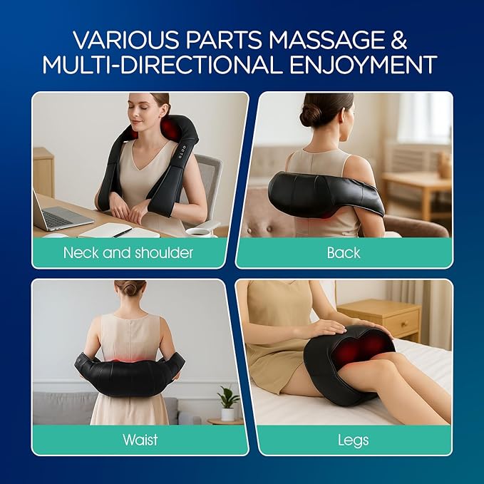 VOYOR-HEALTH Shiatsu Neck and Back Massager with Heat, Electric Deep Tissue 4D Kneading Massage for Shoulder, Back, Neck and Full Body Muscle Pain Relief, Home, Car, Office Use (Blue Grey)