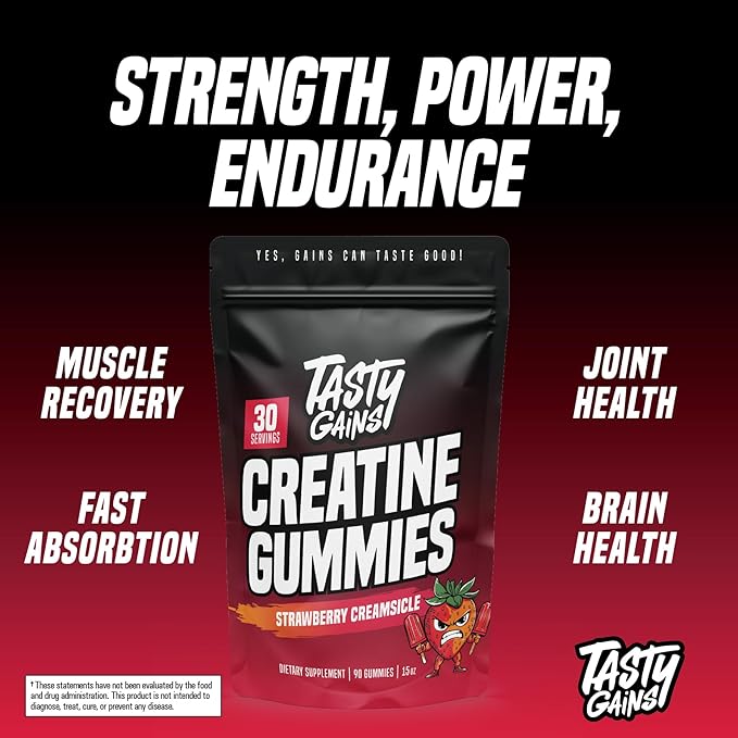 TASTY GAINS Creatine Gummies - 90g of Creatine Monohydrate - Workout Supplements - Build Muscle & Boost Strength for Men & Women - Made in USA - Non GMO - (Large, Strawberry Creamsicle Flavor)